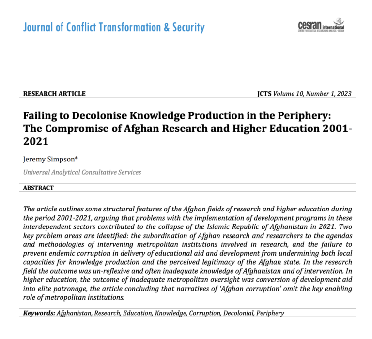 Failing to Decolonise Knowledge Production in the Periphery:  The Compromise of Afghan Research and Higher Education 2001-2021